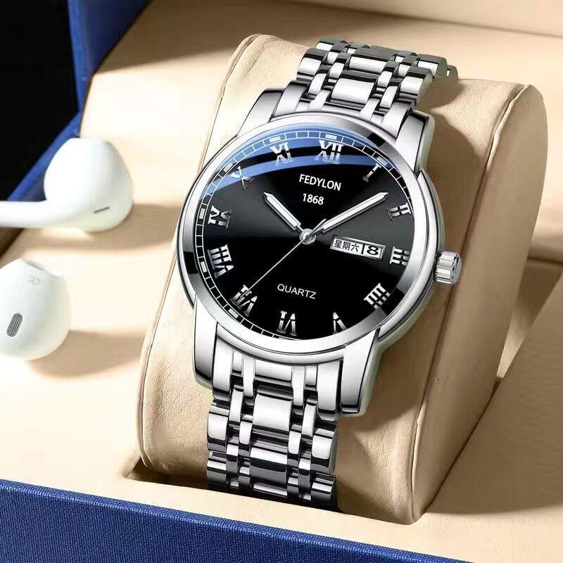 New Black Korean Style Trendy Student Roman Steel Belt Watch for Men Quartz Double Calendar Waterproof Men's Watch