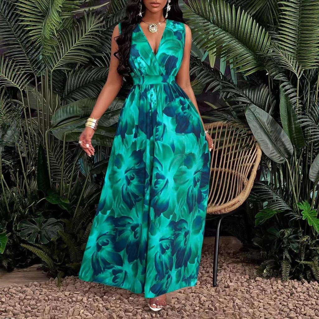 2026 new European and American women's clothing temperament elegant, fashionable and sexy 3D digital printing sleeveless V-neck dress