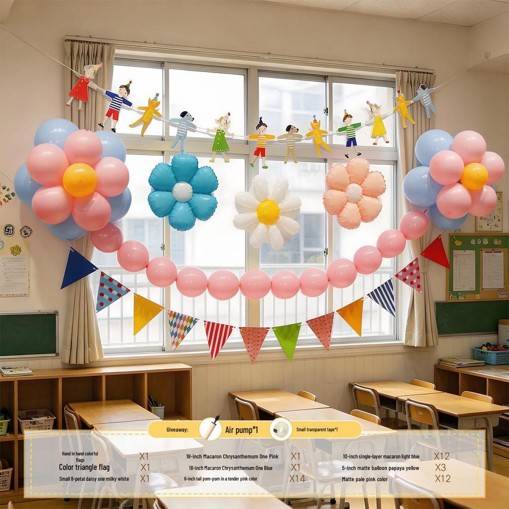 Children's Day Classroom Decorations: Blackboard, Flowers, Balloons, Flag Banners for Kindergarten Atmosphere and Photo Setup