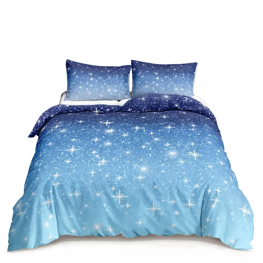Kawaii Moon Starry Night Sky Duvet Cover Set Blue Pink Purple Star Galaxy Bedding Sets Full Size for Boys Girls Comforter Cover