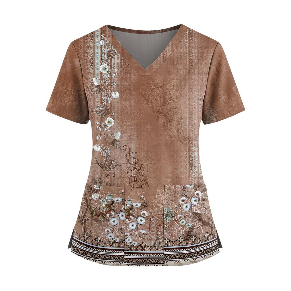 Damen Modisches Bedrucktes V-Ausschnitt Doppelpattentaschen Kurzarmhemd Mit Schlitzsaum Uniform- und Arbeiter-Oberteil
