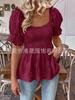 Women's Square Neck Puff Sleeve Blouse with Ruffle Hem in Multiple Colors