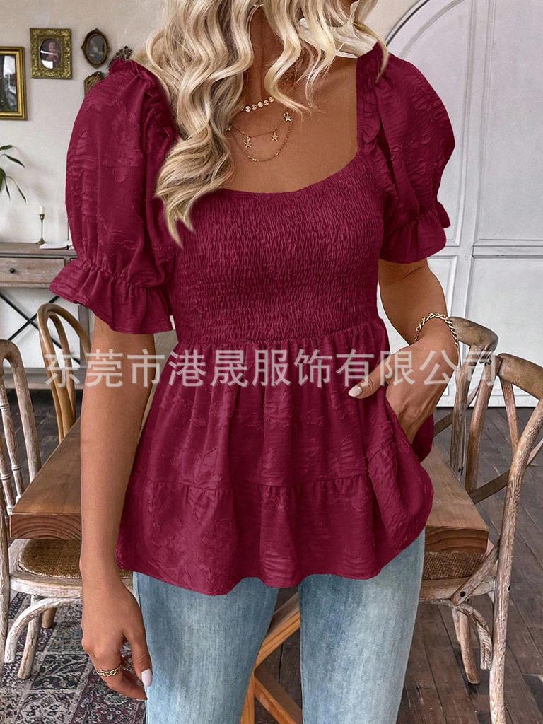 Women's Square Neck Puff Sleeve Blouse with Ruffle Hem in Multiple Colors