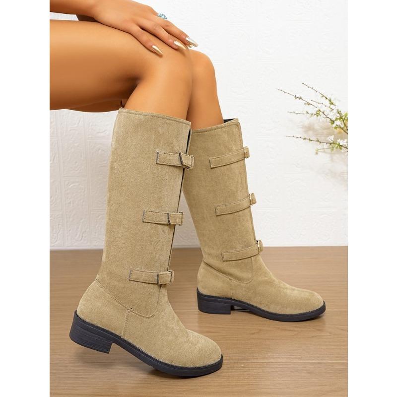 Cow velvet .cm thick heel widened large tube circumference boots women's autumn and winter fashion belt buckle high tube fold pile