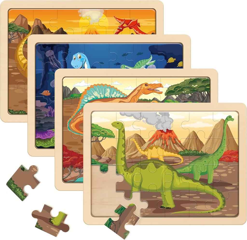 Dinosaur Puzzle from 3 4 5 6 Years, 4 X 24 Pieces Children's Dino Wooden Puzzle, Preschool Educational Toy, Gifts for Children for Boys and Girls