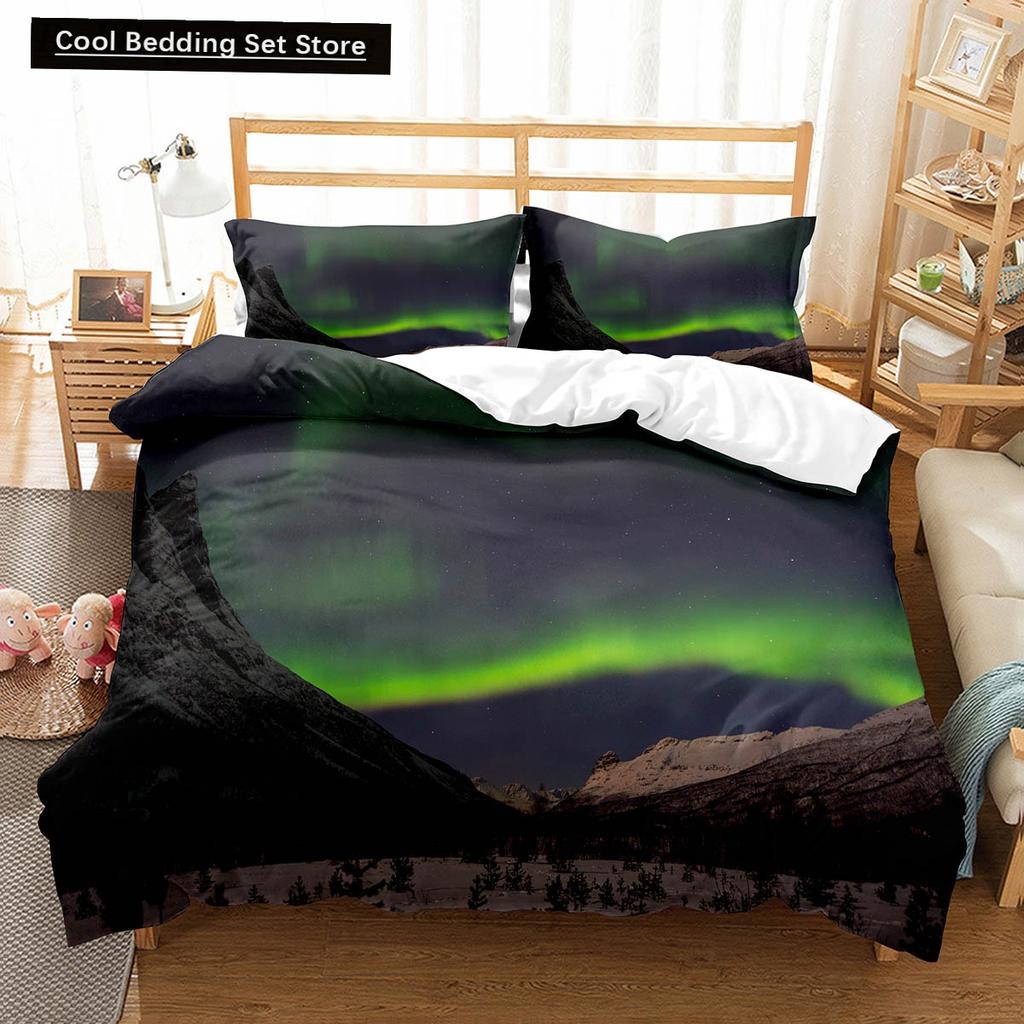 Nordlichter King Queen Bettbezug Naturlandschaft Bettwäscheset Bunter Himmelsausblick Steppdeckenbezug Polyester Bettdeckenbezug