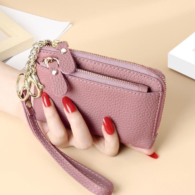 Women's Genuine Leather Mini Wallet Multi-Card Slots Coin Pouch with Keychain Handheld Zip Change Purse Stylish Compact Daily Accessory for Ladies