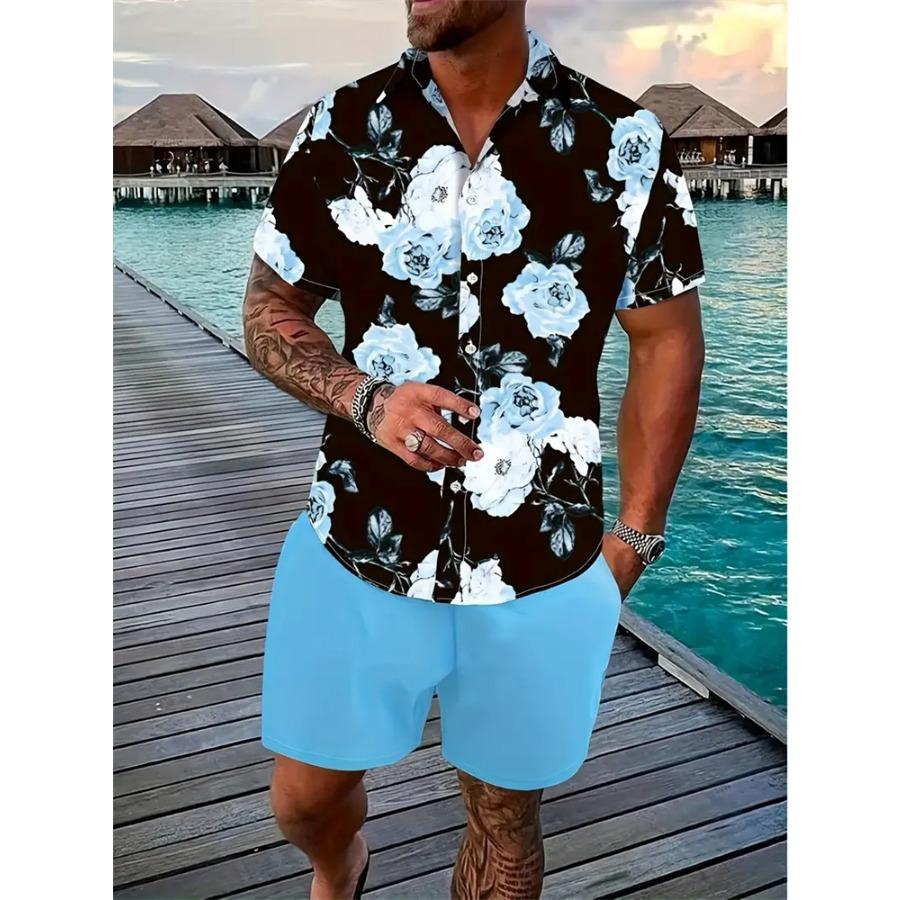 Hawaiian Men's Shirt Set 3D Printed Short-Sleeve Shirt Set Summer Beach Collared Two-Piece Shirt
