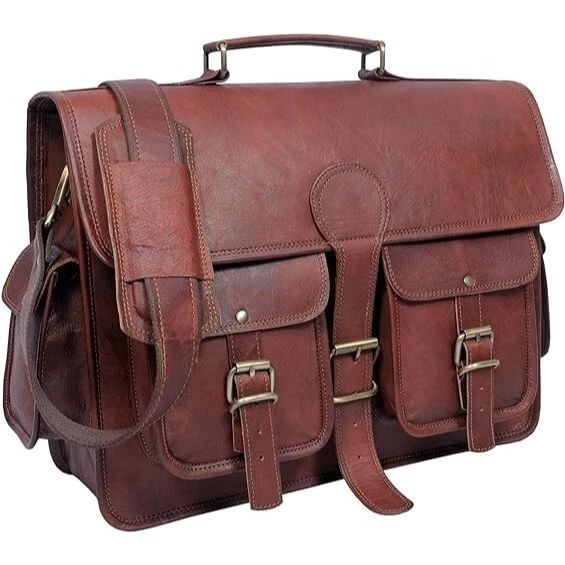 

Натуральная винтажная коричневая кожаная сумка через плечо для ноутбука, портфель 16 x 12 x 5 in