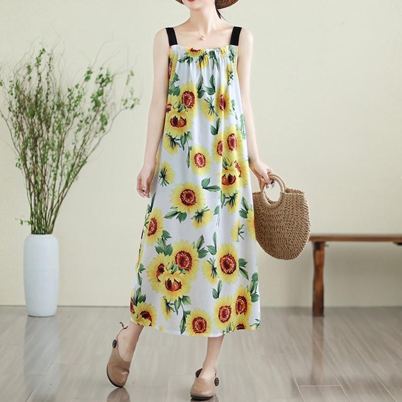 Sleeveless Strap Plus Size Chiffon Vintage Floral New In Dresses For Women Casual Loose Long Summer Dress