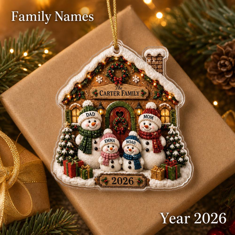Individueller Schneemann-Weihnachts-Acryl-Anhänger mit Familiennamen, Lebkuchenhaus mit 4 Schneemännern, Personalisierte Weihnachtsbaum-Hänge-Dekoration