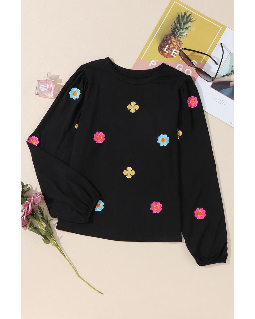 Azura Exchange Black Floral Embroidered Puff Sleeve Top