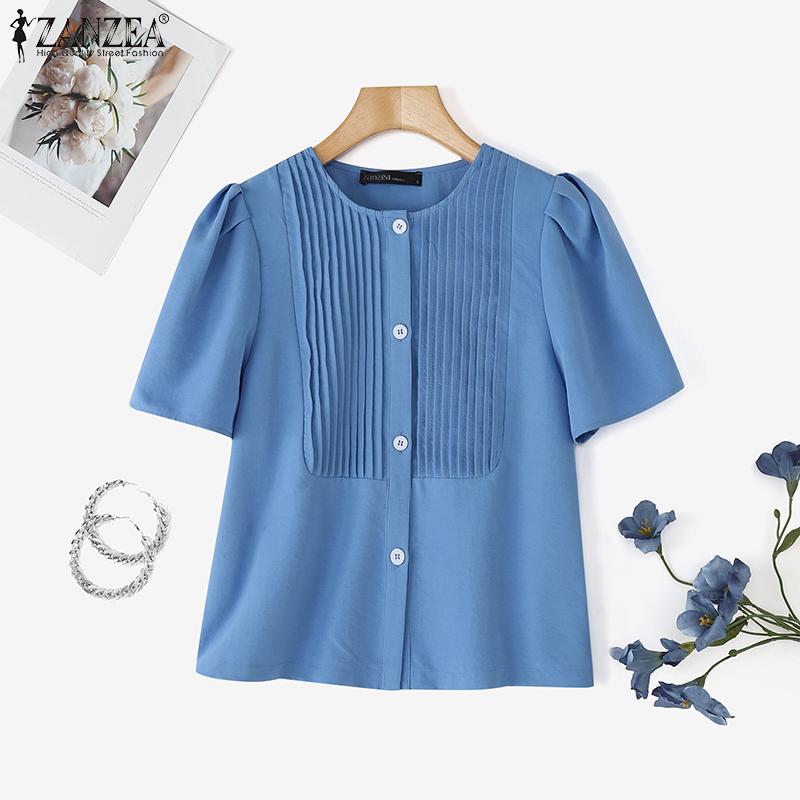 ZANZEA Women Casual Round Neck Summer Short Sleeve Button Blouse