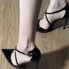 French New Cross Word with Bag Head Sandals Thin Heel Pointed Royal Sister Sexy Red Sole Black High Heels Temperament