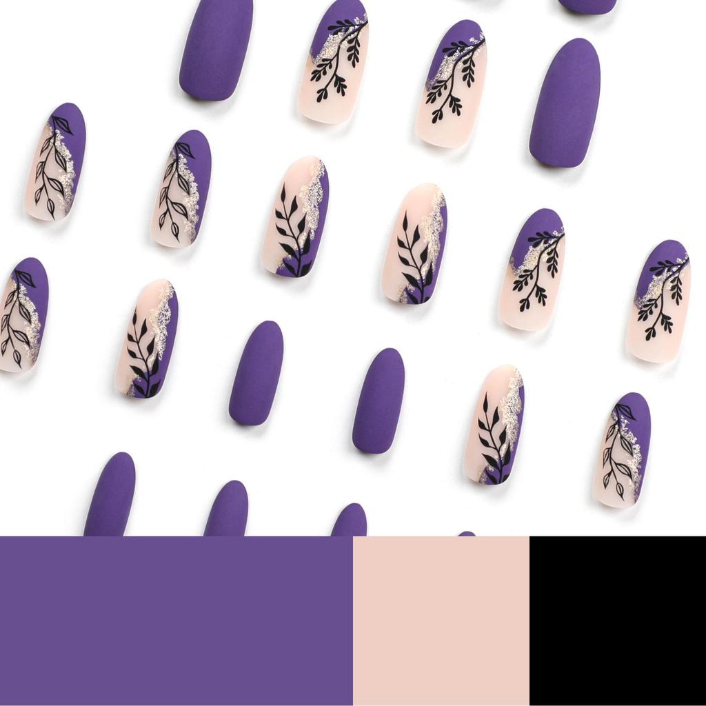 Simple Press-on Nails: Purple with Gold Glitter and Green Leaf Art Design