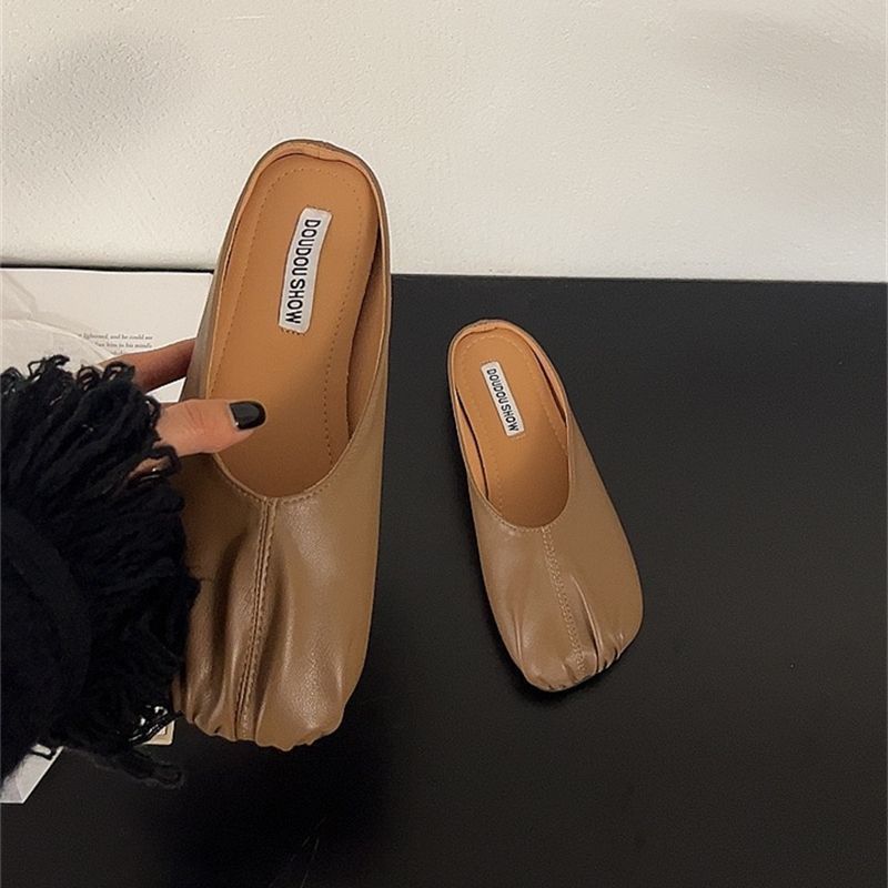 Lazy people pedal a bag head and half slippers for women to wear 2025 spring and summer new flat-bottomed soft leather Muller shoes cool slippers