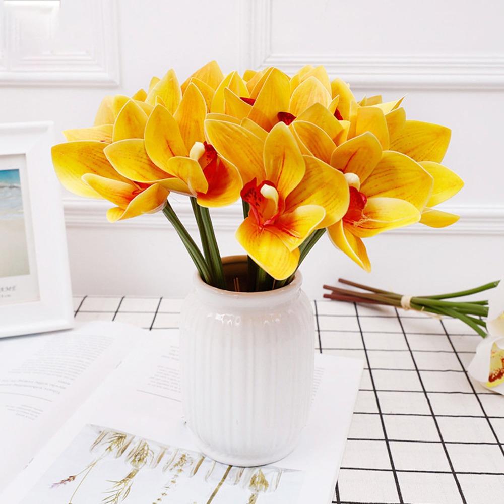 Iron Wire Stem Faux Orchid Decor 6 Stems Fake Orchid Bouquet For Parties
