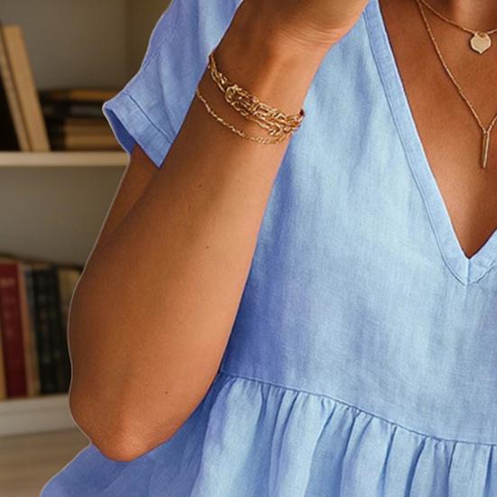 Women Tops V-Neck Short Sleeve Ruffle Splicing Hem Pullover Tops Pure Color Loose Fit A-Line Tee Tops Daily Wear