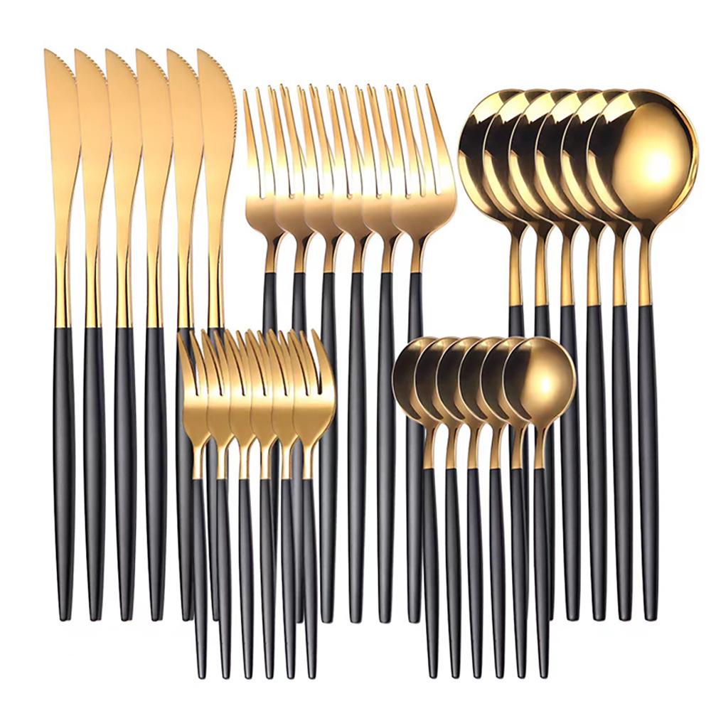 Set tacâmuri din oțel inoxidabil Portugal Gold, 24 de piese: Cuțit de Steak, Furculiță, Lingură de Hotel în Cutie Cadou