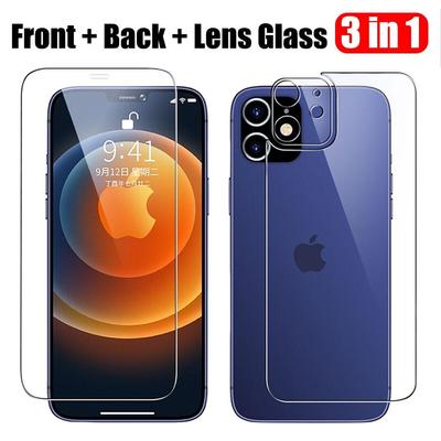 3 in 1 Vorderseite + Rückseite + Objektiv Vollständige Abdeckung Gehärtetes Glas Film Für iPhone 16 15 14 13 12 11 Pro Max Mini displayschutzfolie