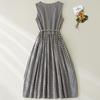 Plaid Cotton and Linen Vest Skirt Women's 2025 Summer New Loose Lace-up Waist Round Neck Sleeveless Dress