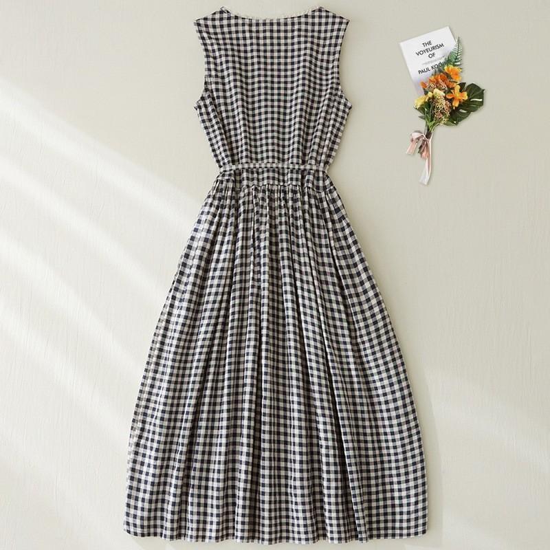 Plaid Cotton and Linen Vest Skirt Women's 2025 Summer New Loose Lace-up Waist Round Neck Sleeveless Dress