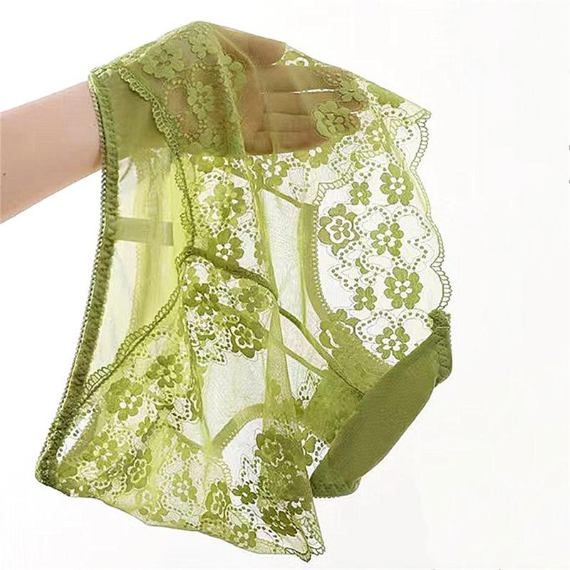 Plus Size M-3XL Big Women Floral Transparent Lace Panties Sexy High Waist Underwear Hollow Out Solid Color Perspective Lingerie