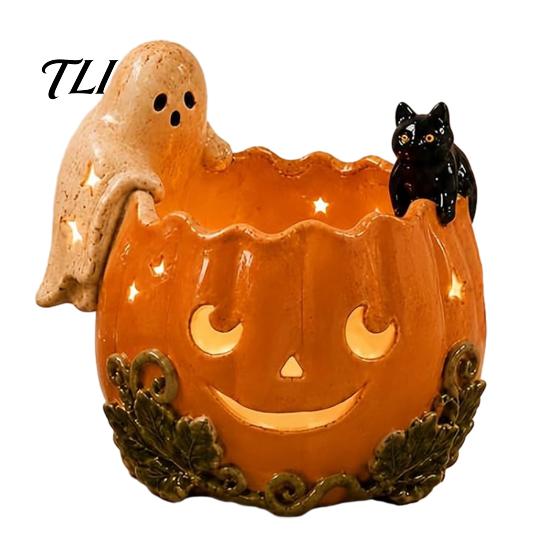 Feiertagsgeschenk für Katzenliebhaber Halloween Kürbis Kerzenhalter, Harz Geist Teelicht Halter Gothic Heimdekoration, Retro Verwittert Dekorativ
