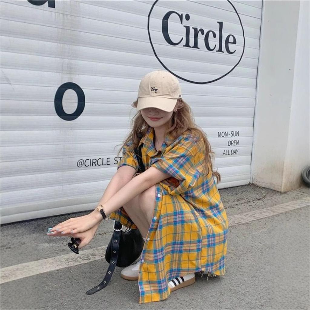 Turn Down Collar Short Sleeve Plaid Shirt Loose Fit Casual Button Down Shirt Mid Length Yellow Checkered Blouse Summer Daily Streetwear Outerwear