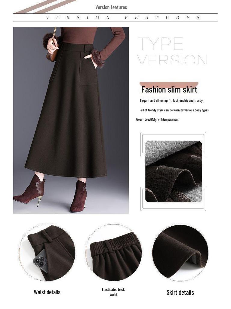 High-Waisted Wool A-Line Midi Skirt with Pockets for Autumn and Winter