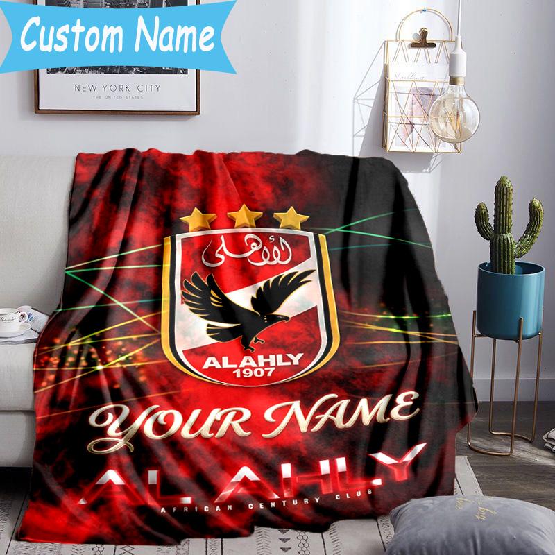 Custom Name Al Ahly Fc Crest Design Flannel Blanket, Use for Birthday/Holiday Gift, Soft Blanket for Sofa/Bed/Camping/Office, Home Decor