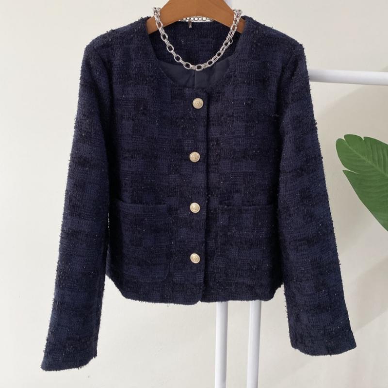 Honey J Women Wool No Collar Pocket Gold Button Tweed Jacket  4colors 