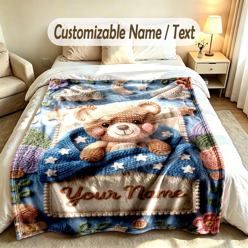 Teddy Bear Theme Custom Blanket Personalized Name & Text Customized Soft Warm Throw Blanket Home Decor