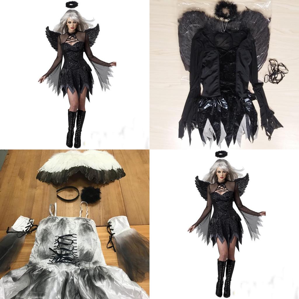 Stunning Halloween Women's Dark Angel Costume With Detachable Feather Wings And Plunging Neckline