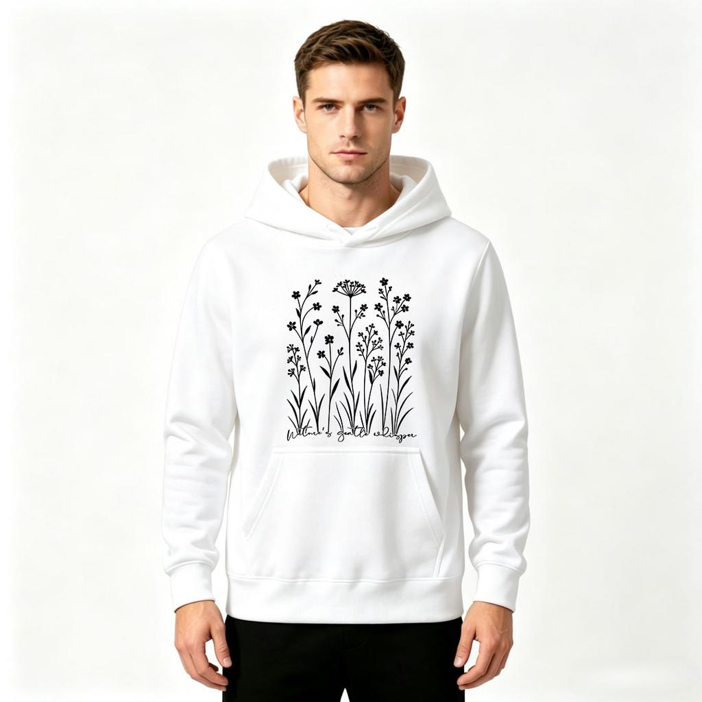 Men's Crewneck Hoodie Wildflower Botanical Black Print Casual Long Sleeve Pullover Sweatshirt