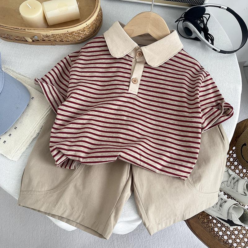 Boys Striped Lapel Casual Summer Set: Short-Sleeve Top & 7-Point Pants 110 cm
