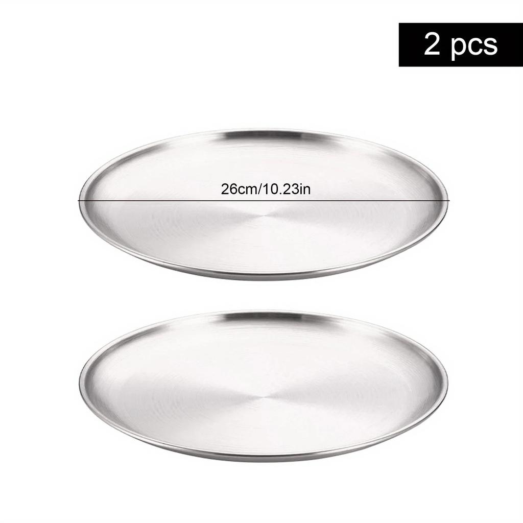 2Pcs Stainless Steel Round Plate Bone Spitting Dish Shallow Tray Metal Camping Plate Dining Disc BBQ Picnic Dishes Cookware