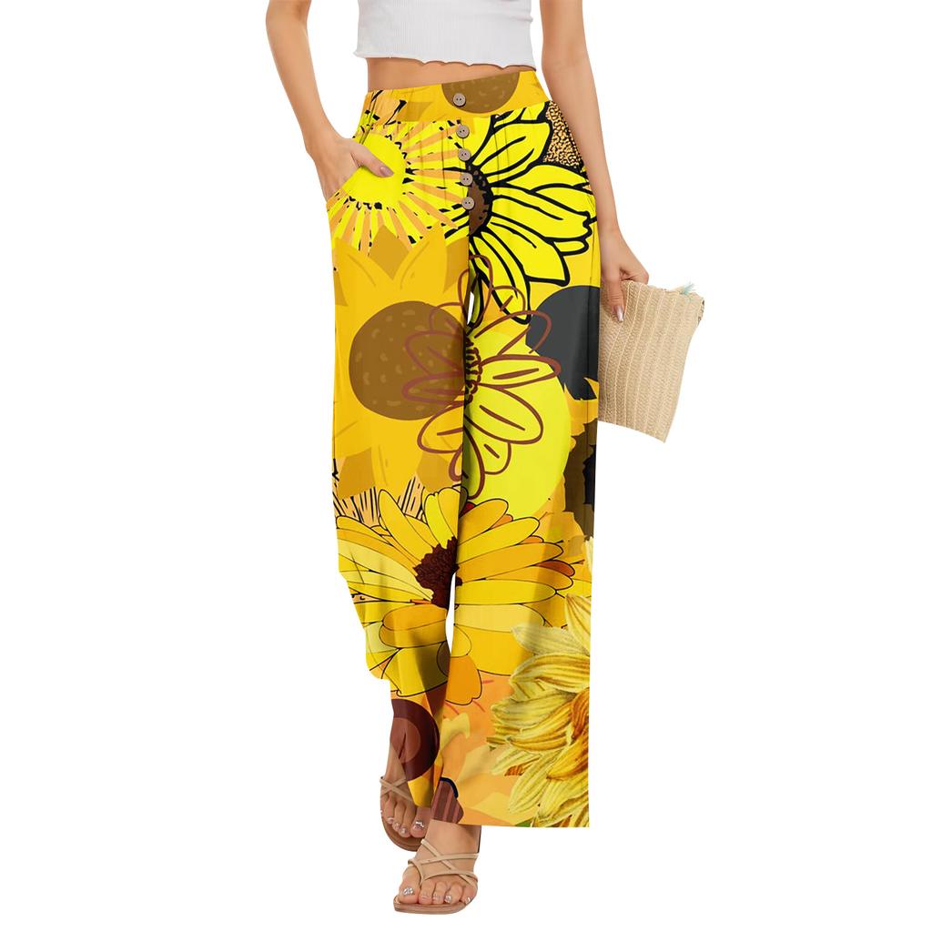 Women’s Summer Loose Fit Floral Print Wide Leg Pants Stretch Waistband Button Front with Pockets Casual Lightweight Trousers for Daily Wear