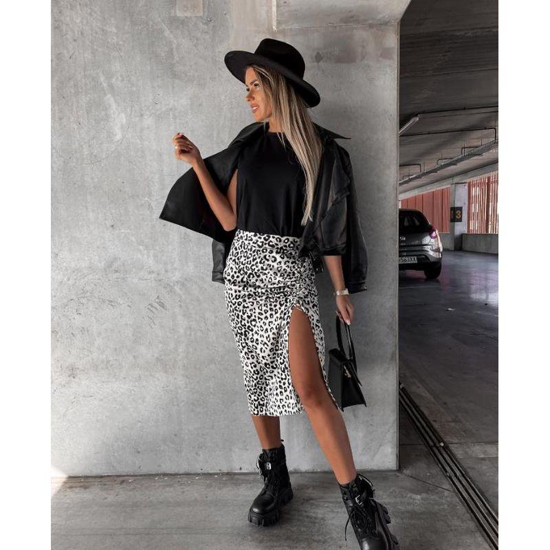 European Station Leopard Print Sexy Slit Shoelace Skirt