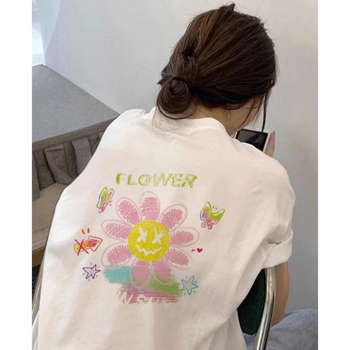 

Белая футболка с коротким рукавом женская свободная 2025 лето новая солнце подсолнух граффити принт хлопок с рукавом до локтя топ S