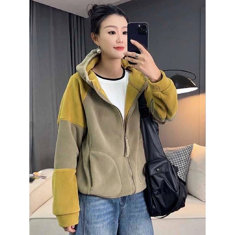 Modischer und lässiger vielseitiger Kontrast-Kapuzen-Reißverschlusstaschen-Cardigan Langarm-Jacken-Oberteil