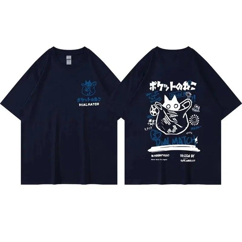 Unisex Women Cotton T-Shirt Japanese Kanji Funny Cat Printed T Shirt Harajuku Casual Short Sleeve Tshirt Streetwear Trend Tee Tops