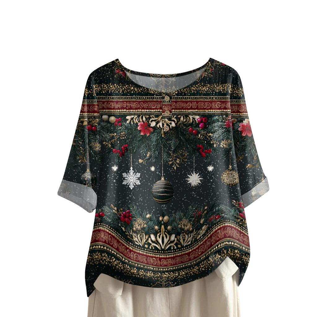 Women's Fashionable And Casual Shirt Half-sleeve Round Neck Print Cotton And Linen Blouse Top
