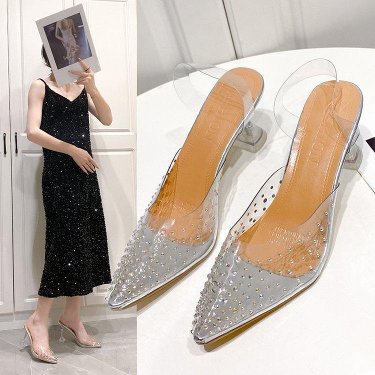 Fashion High-heeled Sandals Summer New Transparent Bag Head with Rhinestones Large Size Versatile Fairy Style Women's Shoes