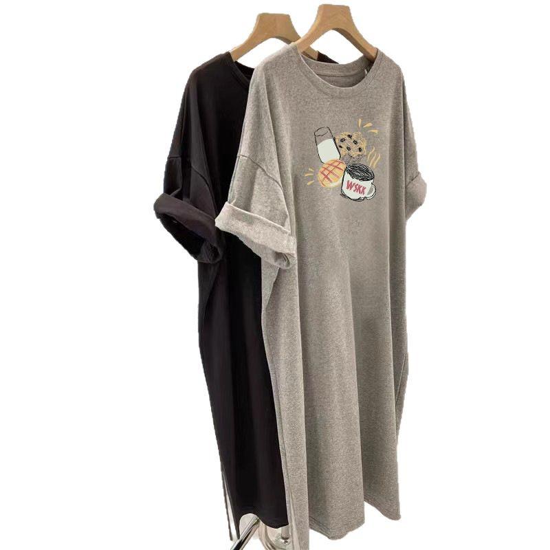 American Cartoon Print Casual Loose T-Shirt Dress, Short Sleeve, Round Neck, Slimming, Versatile for Summer.