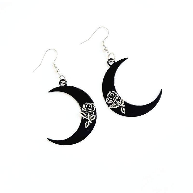 Gothic Moon Rose Flower Earrings