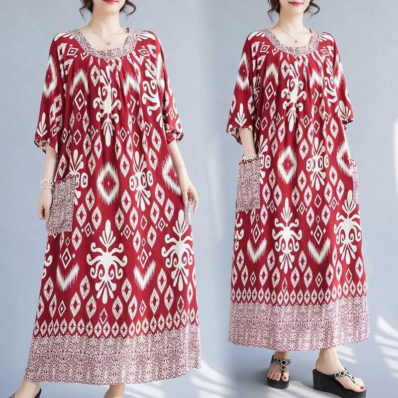 Summer New Temperament V-neck Mid-length Dress Retro Printing Loose Dresses