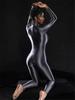 High Elastic Women'S Unitard Long Zipper Open Crotch Satin Shiny Glossy Sheer Full Bodysuit Sexy Shaping Slim Tights Clubwear