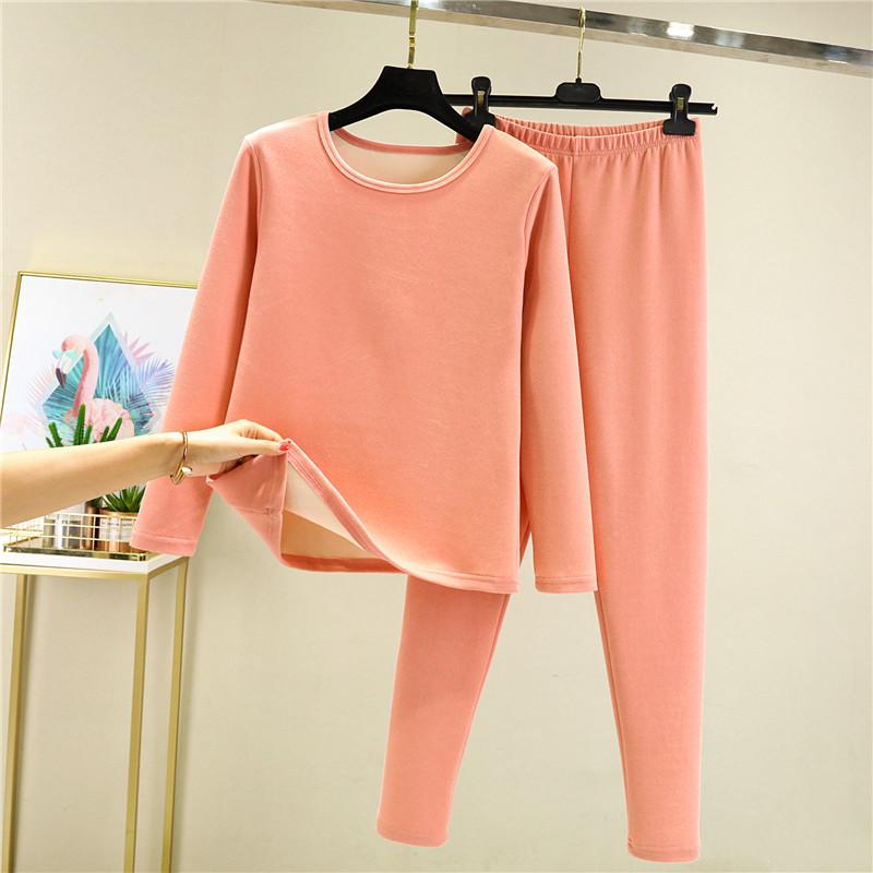 Women's Warmth Set Heated Inner Wear Large Size Velvet Padded Two-piece Suit Autumn Winter Set Single Layer Thermal Underwear