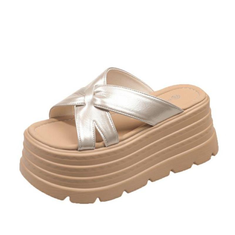 Fashion 8CM Women Summer Leather Chunky Slippers High Platform Flip Flops Wedge Heels Slides Sweet Girl Sandals Open Toe Beach Slippers